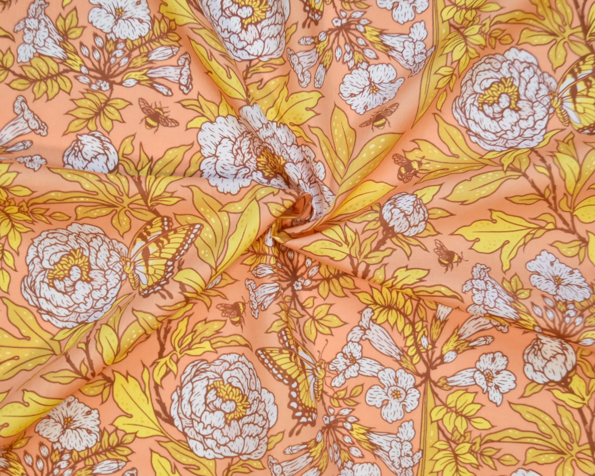 Organic Cotton Lawn - Orange Peonies
