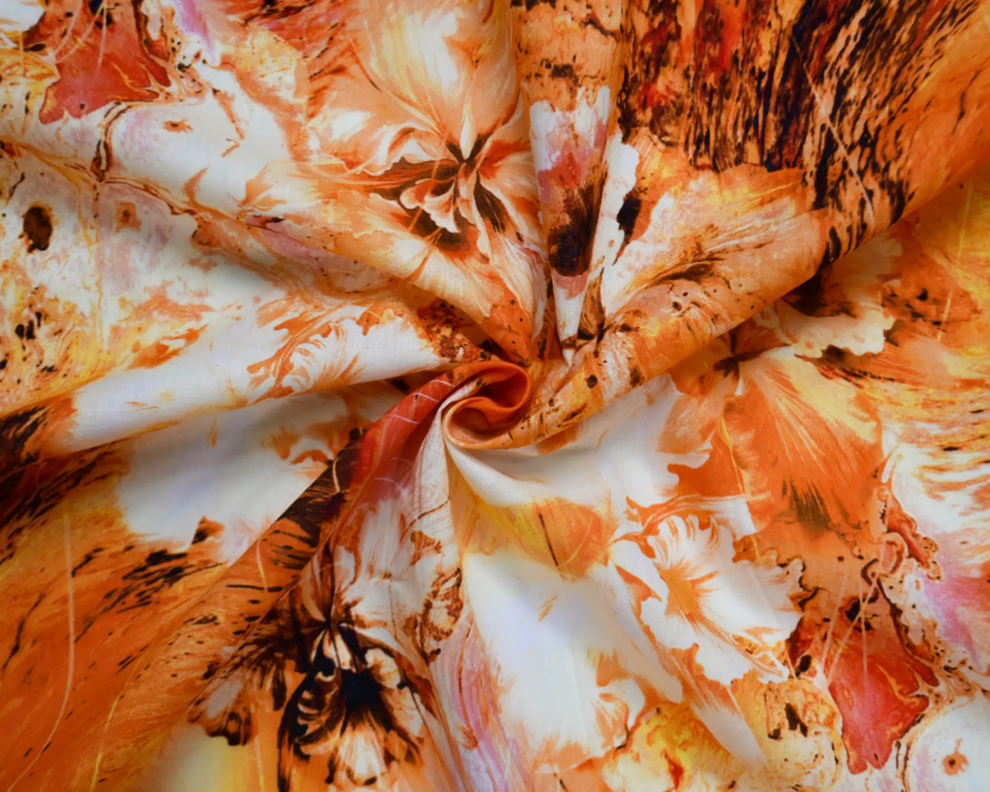 Cotton voile fabric with large orange hibiscus print
