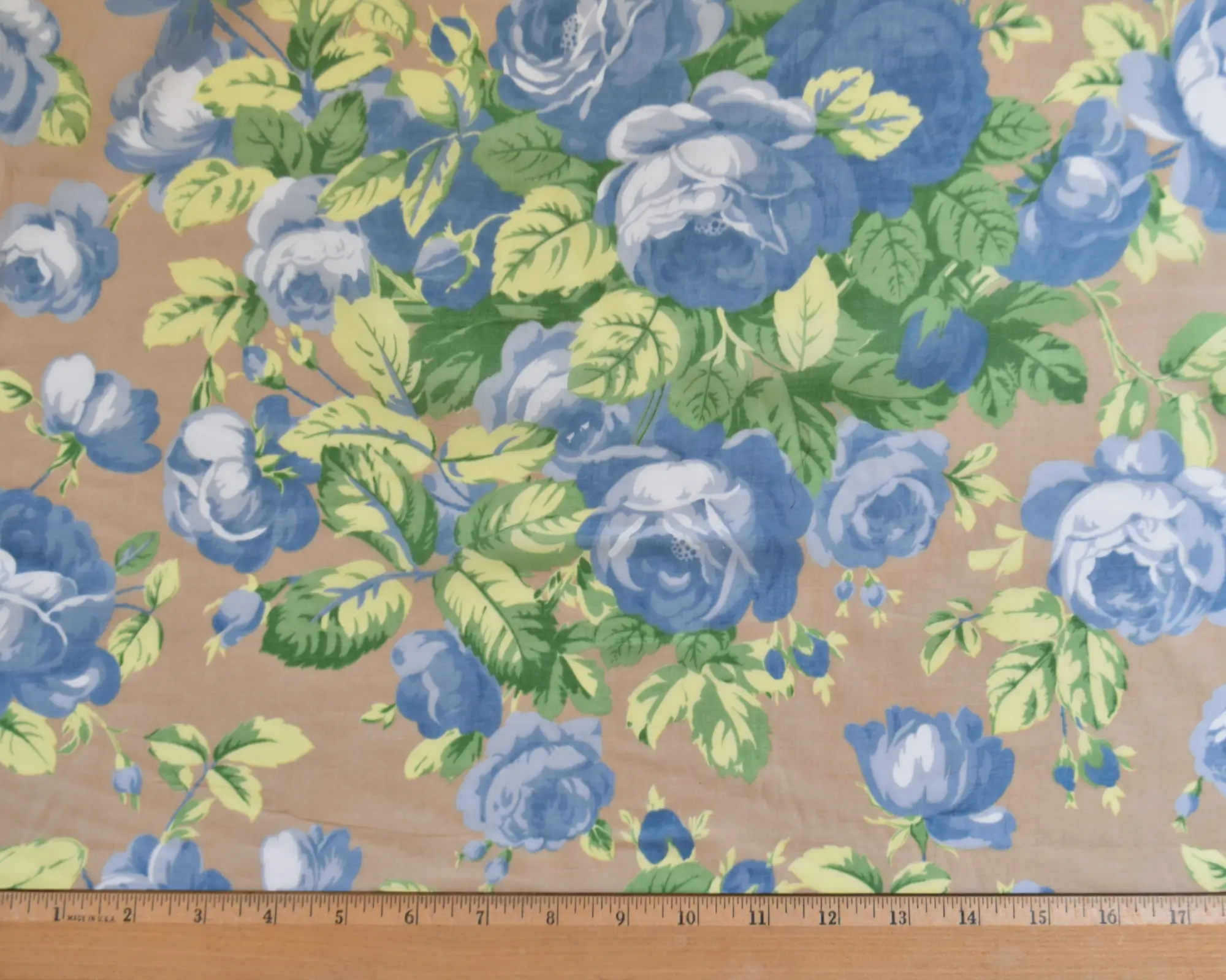 Cotton Voile - Large Blue Roses on Taupe - Image 3