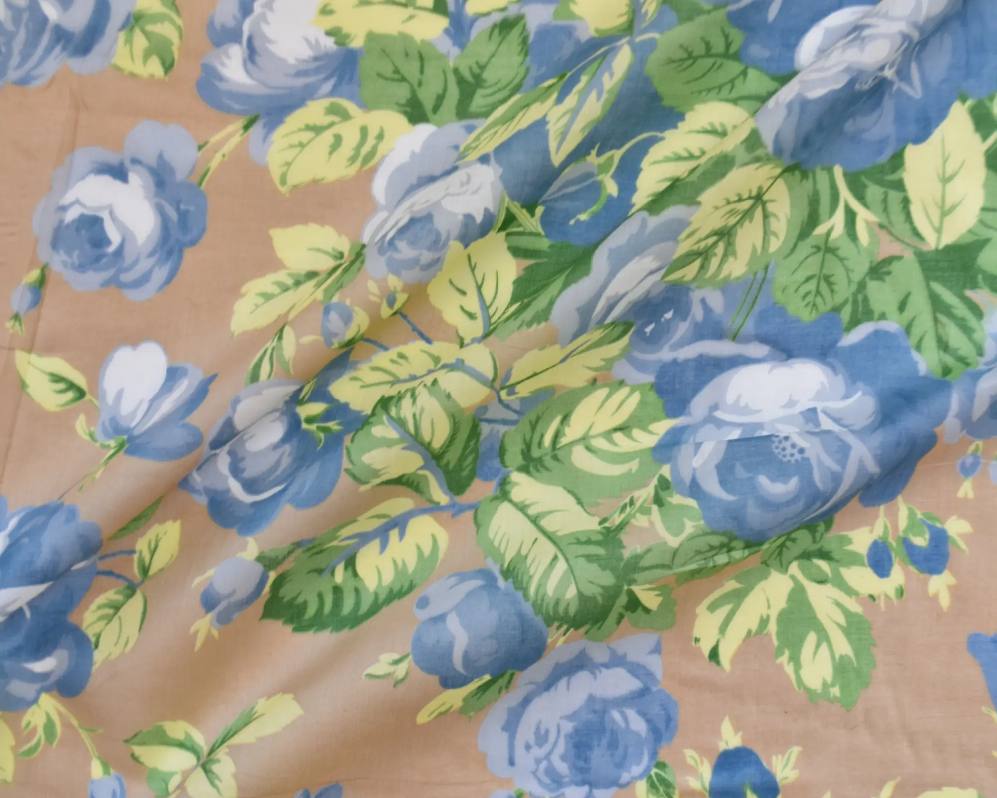 Cotton Voile - Large Blue Roses on Taupe - Image 4