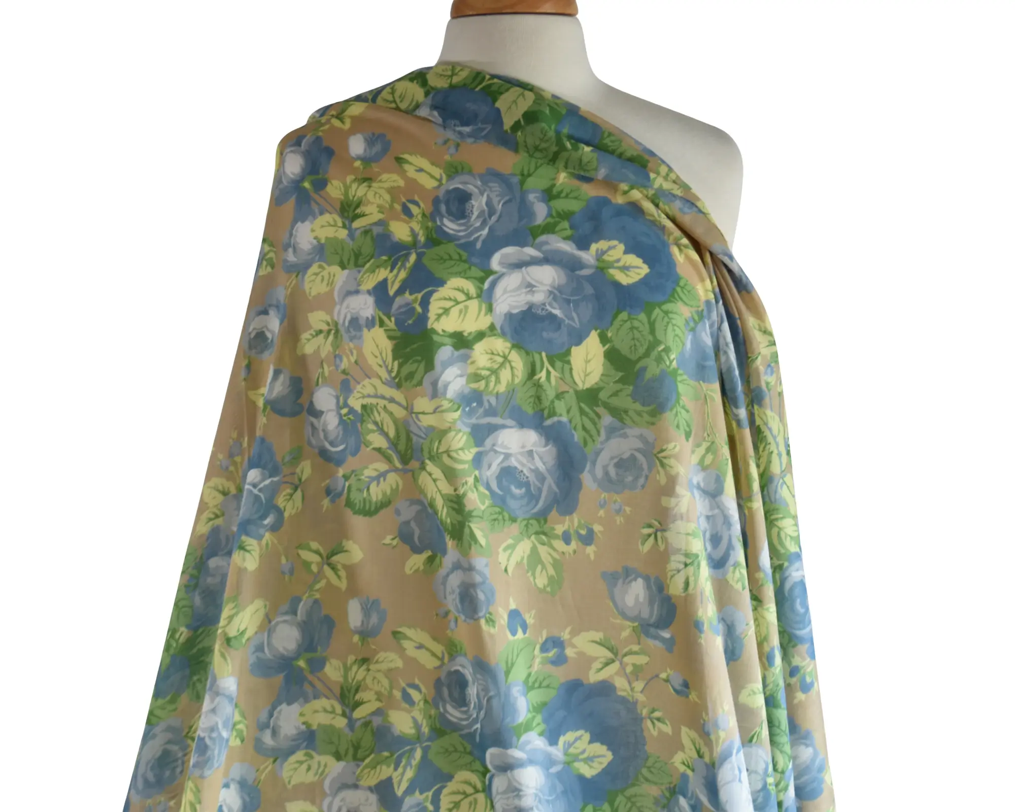 Cotton Voile - Large Blue Roses on Taupe - Image 5