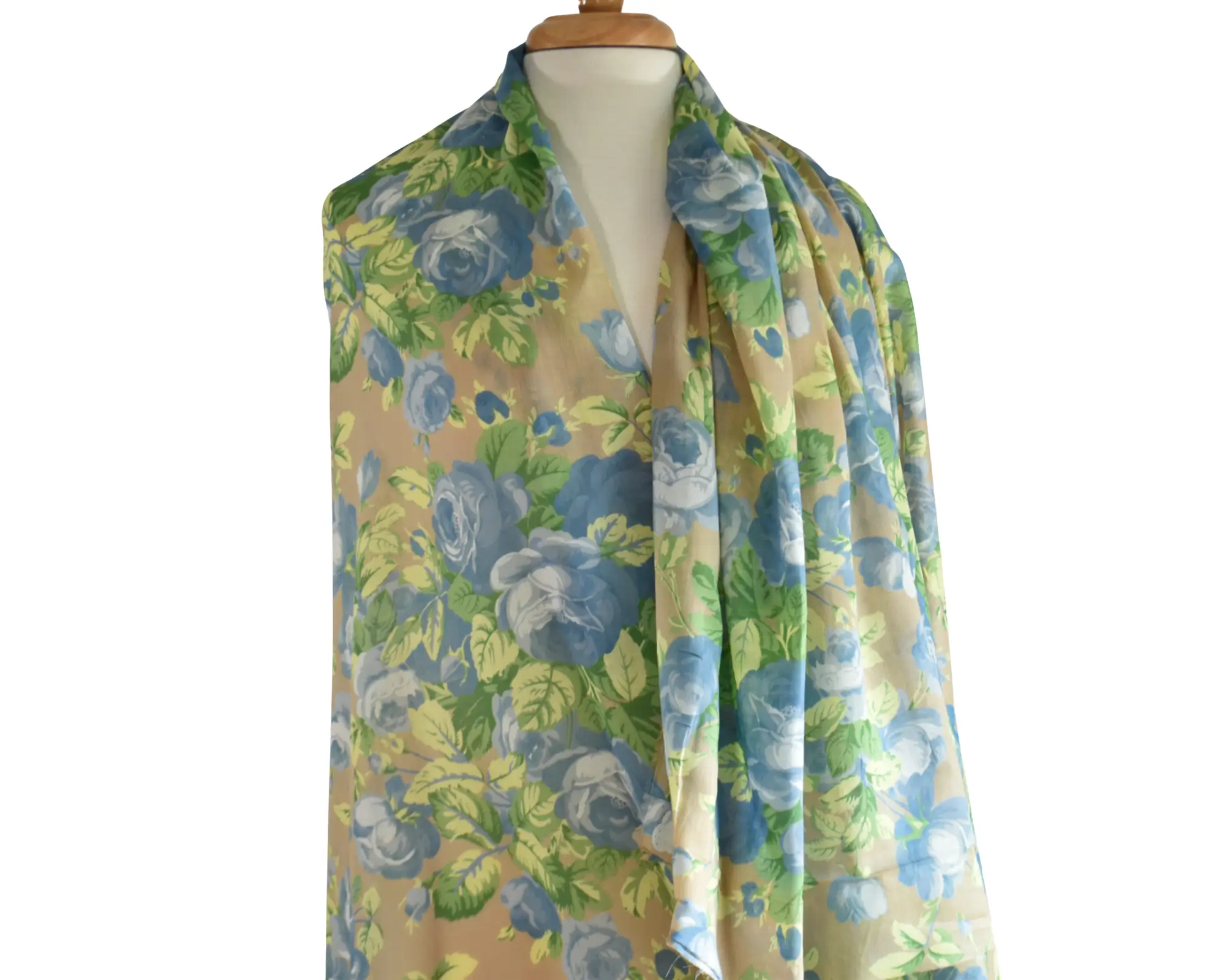 Cotton Voile - Large Blue Roses on Taupe - Image 6