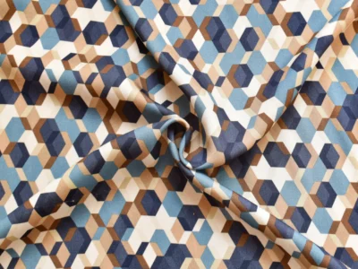 blue and beige geometric print on rayon twill fabric