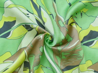 Rayon Charmeuse - Green with Tropical Leaf Print