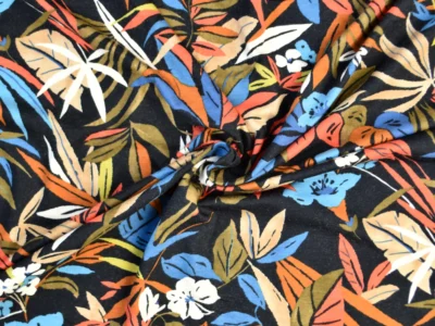 Rayon Spandex Jersey - Orange Blue Tropical Botanical Print