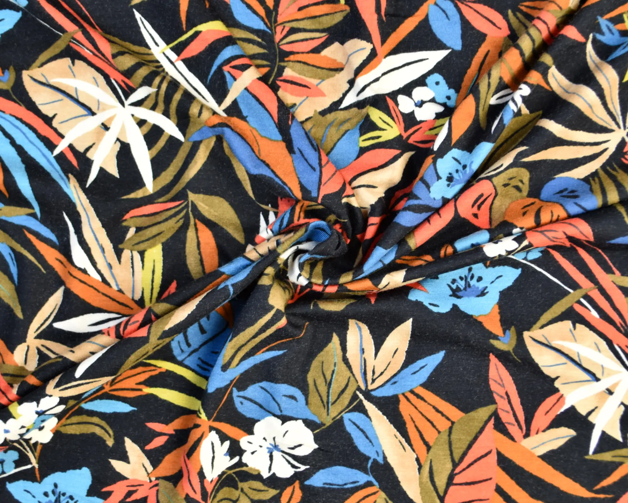Rayon Spandex Jersey - Orange Blue Tropical Botanical Print