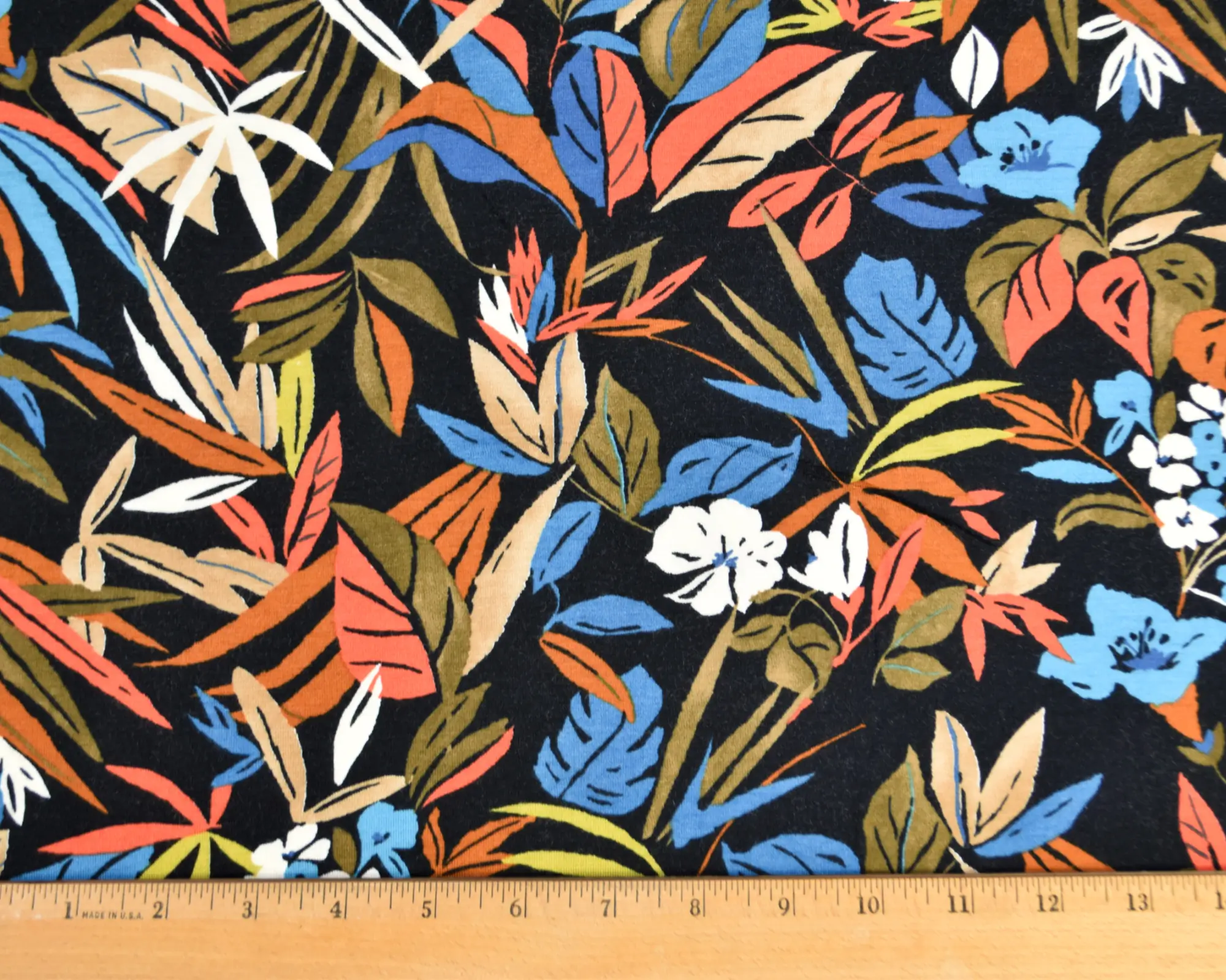 Rayon Spandex Jersey - Orange Blue Tropical Botanical Print - Image 3