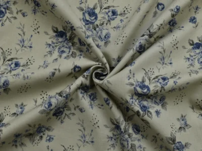 Cotton Broadcloth Shirting - Blue Roses on Gray