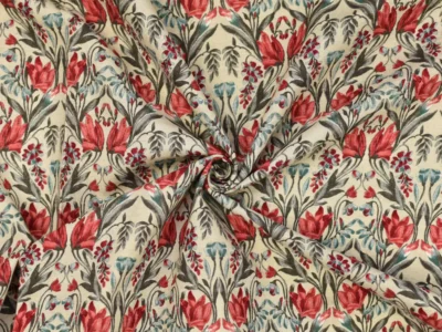 Cotton/Linen Broadcloth - Red Art Nouveau Flowers