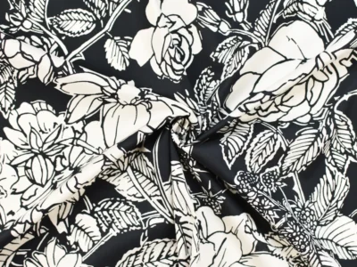 Designer Stretch Cotton Poplin - Black and White Floral