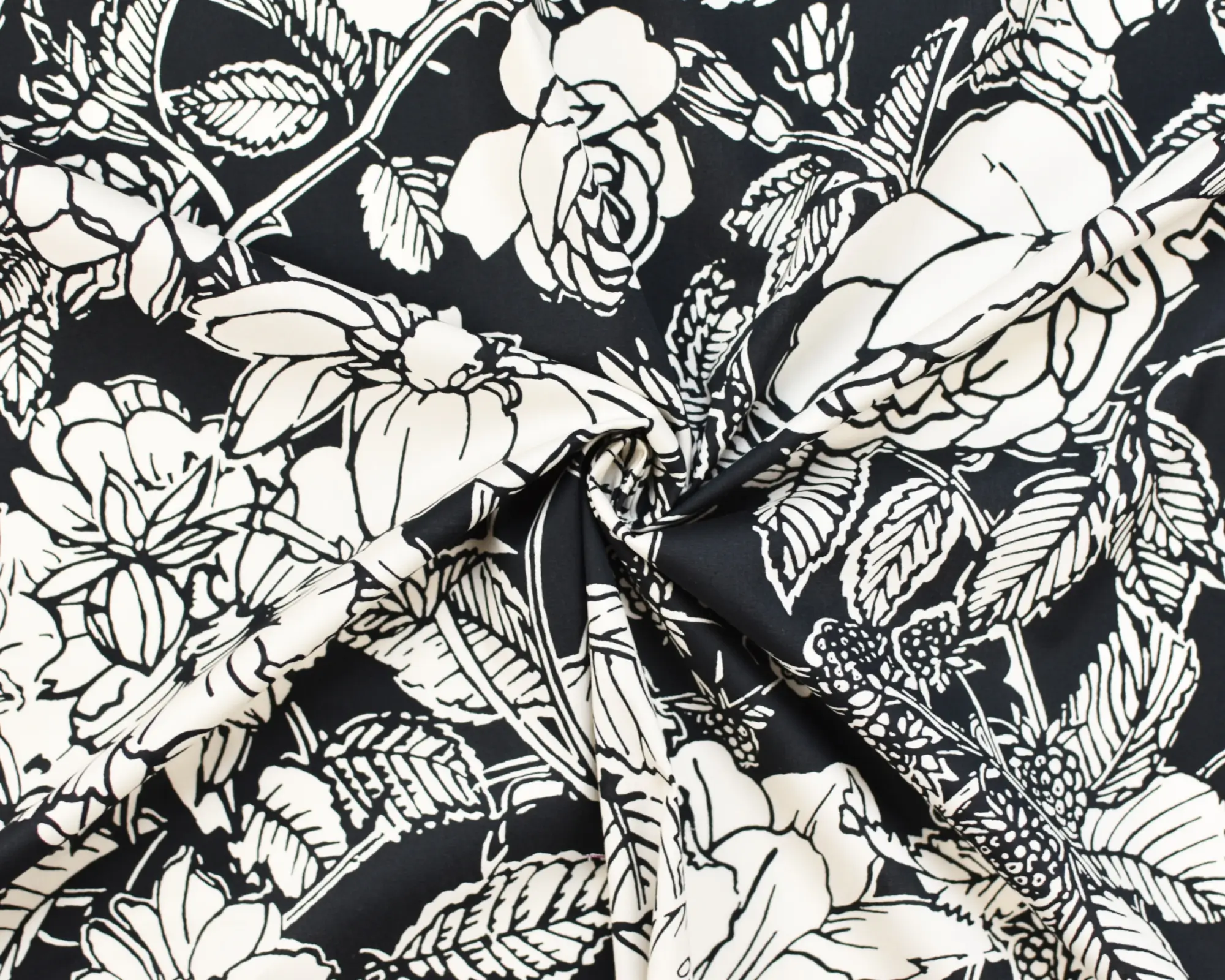 Designer Stretch Cotton Poplin - Black and White Floral