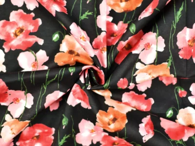 Kokka Cotton Lawn - Pink Poppies on Black
