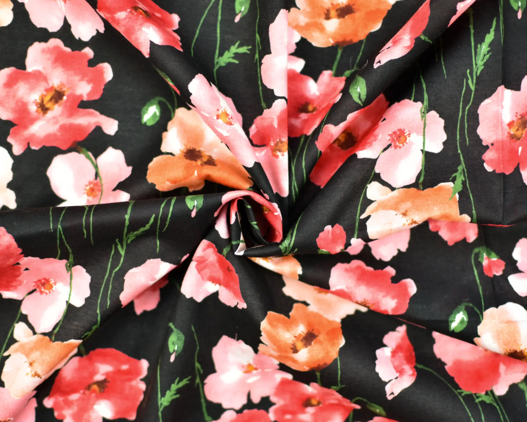 Kokka Cotton Lawn - Pink Poppies on Black